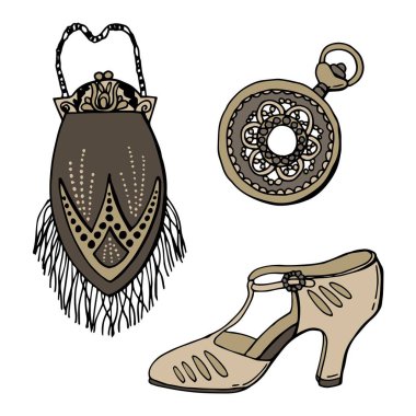 Dişi takım. Kadın çantası, topuklu ayakkabı ve madalyon 1920. Art deco tarzı. Çizgi film tarzı illüstrasyon. Stok çizimi. İzole edilmiş beyaz.