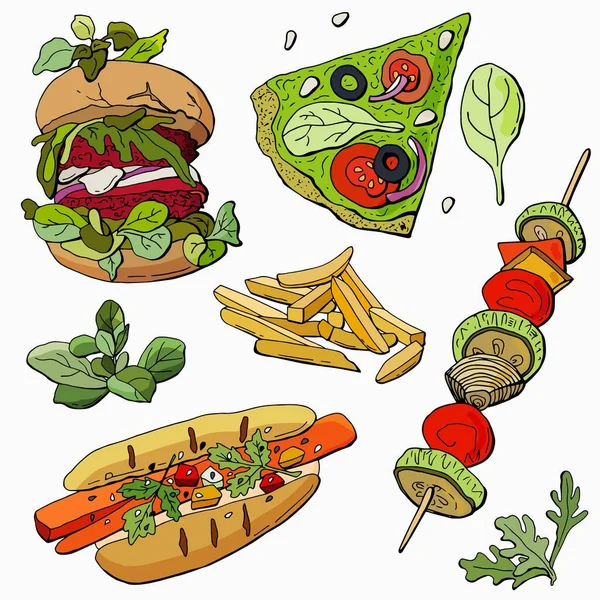 Büyük bir set vejetaryen fast food. Çizgi film tarzı illüstrasyon. Beyaz arka plan, tecrit. Arkaplan tasarımı, duvar kağıtları, ambalaj, kumaşlar, kartpostallar için.