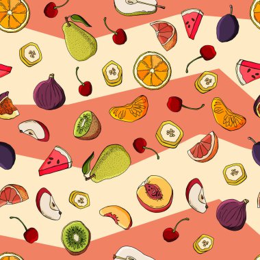 Böğürtlen ve meyvelerin kusursuz deseni. Çizgi film tarzı illüstrasyon. Stok çizimi. Duvar kağıdı, kumaş, tekstil, ambalaj için tasarım.