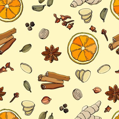 Sıcak şarap baharatlarının dikişsiz deseni. Portakal, karanfil, kişniş, kakule, anason yıldızı, tarçın, zencefil, hindistan cevizi, karabiber. Çizgi film tarzı illüstrasyon. Stok illüstrasyonu. 