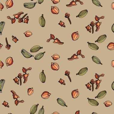 Karanfil, kakule, kişniş. Baharatsız desen. Çizgi film tarzı illüstrasyon. Stok çizimi. Duvar kağıtları, arka planlar, kumaşlar, tekstil, kafeler, restoranlar, tatil beldeleri, ambalajlar için tasarım.