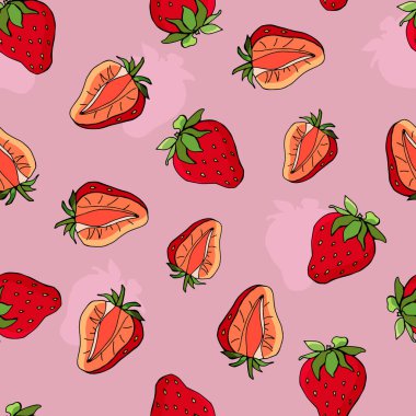 Çilekli kusursuz desen. Böğürtlen bütün ve ikiye bölünmüş. Çizgi film tarzı illüstrasyon. Stok çizimi. Duvar kağıdı, arkaplan, kumaş, tekstil, kafe, ambalaj için tasarım.