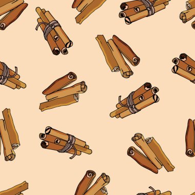 Tarçın çubuklarının kusursuz deseni. Çizgi film tarzı illüstrasyon. Stok çizimi. Duvar kağıtları, arka planlar, kumaşlar, tekstil, kafeler, restoranlar, tatil beldeleri, ambalajlar için tasarım.
