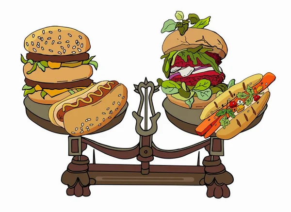 Auto Controlo Escolha Carne Fast Food Vegetal Escalas Hambúrguer Cachorro — Vetor de Stock
