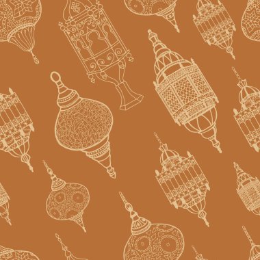 Ramazan ayı için bej fenerler. Bej bir arka planda kusursuz desen. Çizgi çalışması. Stok illüstrasyonu.