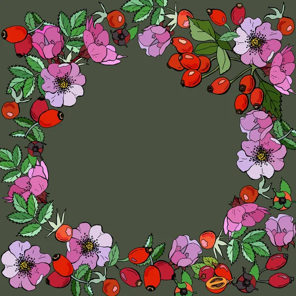 Grußkarte Mit Blumen Und Hagebuttenbeeren Illustration Cartoonstil Dunkelgrüner Hintergrund Archivbild — Stockvektor