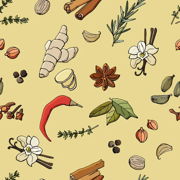Sömlöst Mönster Med Kryddor Doftande Kryddiga Kryddor Tecknad Stil Illustration — Stock vektor