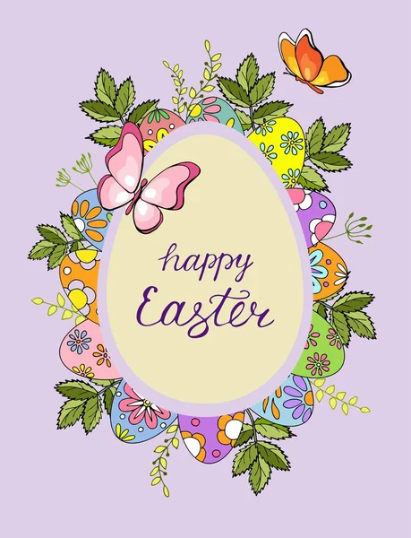 Easter Card Butterflies Easter Eggs Leaves Wildflowers Happy Easter Lettering — Stock Vector