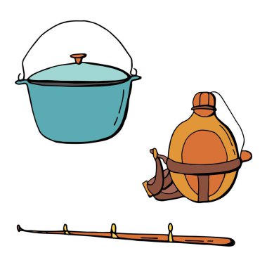 Yaz kampı seti. Bovling topu, matara, olta. Çizgi film tarzı. Stok çizimi. Beyaz arka plan, tecrit. Kartpostal, poster, broşür, site, reklam tasarımı için..