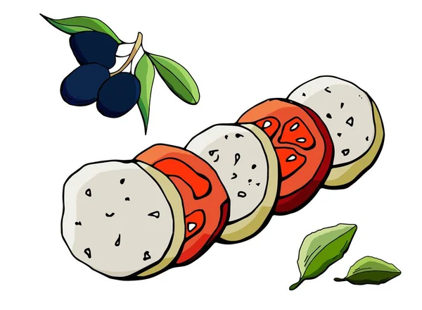 Caprese Italiaanse Keuken Cartoon Stijl Voorraad Illustratie Witte Achtergrond Isoleren — Stockvector