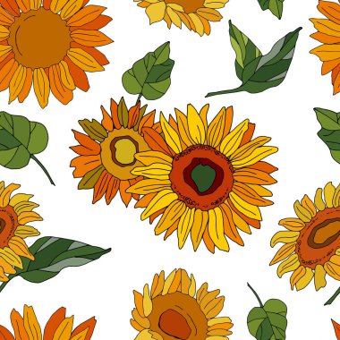 Ayçiçeğinin kusursuz deseni. Çizgi film tarzı illüstrasyon. Beyaz arka plan, tecrit. Stock Illustration 'da. Tekstil, duvar kâğıtları, ambalaj, web sitesi için tasarım.