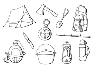 Siyah beyaz kamp seti. Çadır, matara, termos, pusula, kazan, fener, sırt çantası, balta, bıçak, olta, kürek. Stock Illustration 'da. Beyaz arka plan, tecrit. Satır sanatı. 