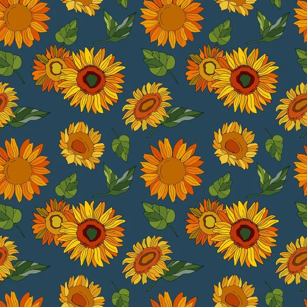 Yapraklı ayçiçekleri. Açık yeşil arka planda pürüzsüz desen. Çizgi film tarzı illüstrasyon. Stock Illustration 'da. Tekstil, kumaş, duvar kağıtları, ambalaj, çiçekçilik, web sitesi tasarımı.