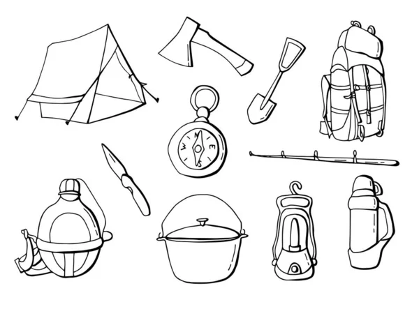 Zwart Wit Lineaire Camping Set Tent Kolf Thermoskan Kompas Ketel — Stockvector