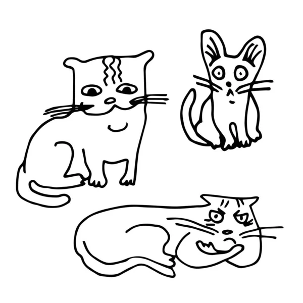 Três Lindos Gatos Gráficos Linha Artaud Fundo Branco Isolar Ilustração — Vetor de Stock