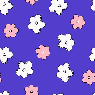 Şekillendirilmiş çiçeklerin kusursuz deseni. Yaz baskısı. Çizgi film tarzı illüstrasyon. Stock Illustration 'da. Duvar kağıdı, tekstil, ambalaj, kumaş tasarımı.