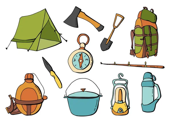 Turist seti. Kamp yapmak. Çadır, sırt çantası, pusula, balta, kürek, melon şapka, fener, termos, matara, bıçak, olta. Çizgi film tarzı illüstrasyon. Beyaz arka plan, tecrit. Hisse Çizimi.