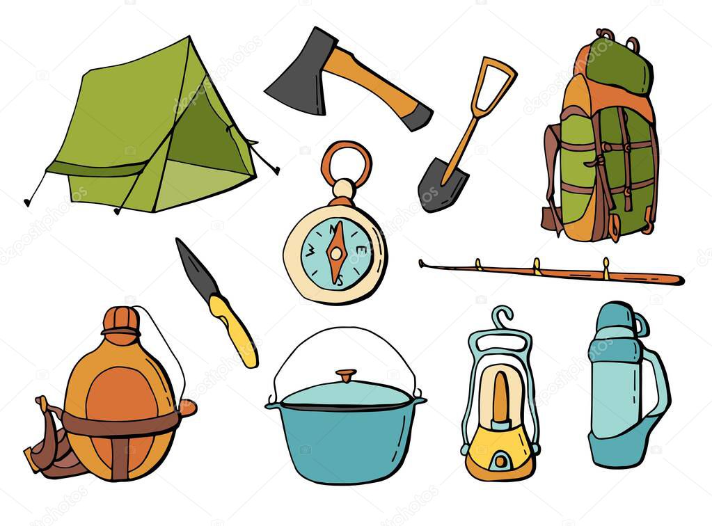 Tourist set. Camping. Tent, backpack, compass, ax, shovel, bowler hat, lantern, thermos, flask, knife, fishing rod. Cartoon style illustration. White background, isolate. Stock Illustration.