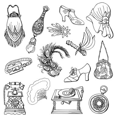 Sanat deco tarzında büyük siyah beyaz aksesuarlar. 1920 yılı. Çizgi tarzı. Stok çizimi. Beyaz arkaplan, izole et.