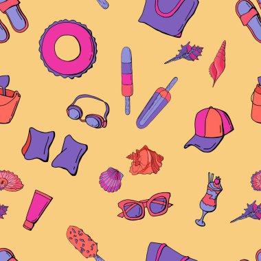 Yaz şeylerinin kusursuz deseni. Çizgi film tarzı. Stok çizimi. Duvar kağıdı, kumaş, tekstil, ambalaj, web sitesi için tasarım.