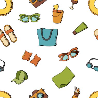 Kusursuz yaz konforu teması. Can simidi, dalış gözlüğü, güneş kremi, şapka, terlik, kamera, dalış gözlüğü. Çizgi film tarzı. Stok çizimi. Duvar kağıdı, kumaş, tekstil, ambalaj, web sitesi için tasarım.
