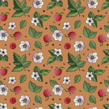 Ahududu renginin kusursuz deseni. Çizgi film tarzı. Stok çizimi. Duvar kağıdı, kumaş, tekstil, ambalaj, web sitesi, kafe için tasarım.