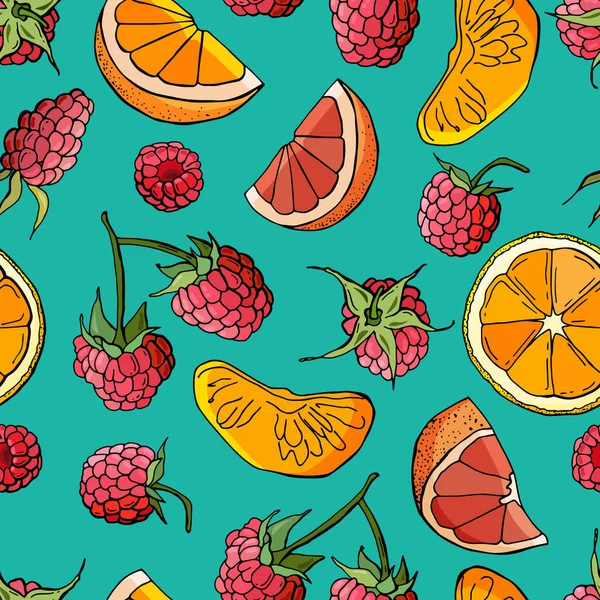 Fondo Sin Costuras Con Frutas Frambuesas Naranja Pomelo Textura Sin — Vector de stock