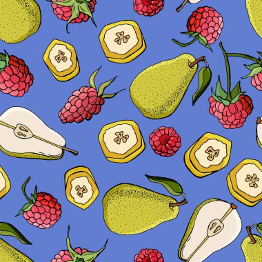 Meyvesiz ahududu, armut ve muz dilimleri. Çizgi film tarzı. Stok çizimi. Duvar kağıdı, kumaş, tekstil, ambalaj için tasarım.