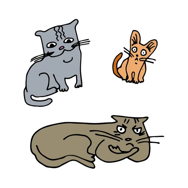 Set of cats with different emotions - good-natured, angry, scared. Sitting, lying. White background, isolate. Stock illustration.