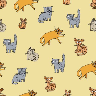 Şirin kedilerin kusursuz deseni. Çizgi film tarzı. Stok çizimi. Duvar kağıdı, kumaş, tekstil, ambalaj için tasarım.