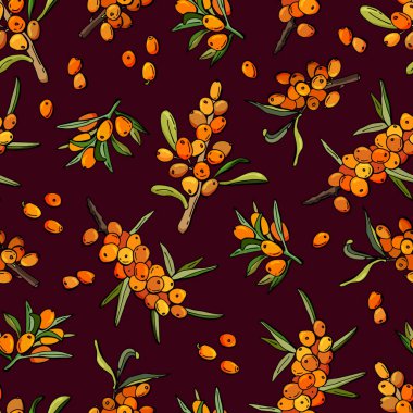 Koyu arkaplandaki deniz dikenli üzümlerin kusursuz deseni. Çizgi film tarzı. Stok çizimi. Duvar kağıdı, kumaş, tekstil, ambalaj için tasarım.