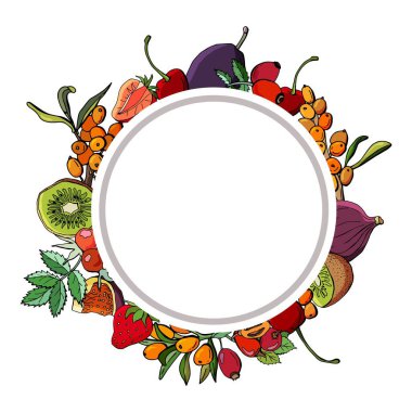 Meyve ve meyveli yuvarlak kart. Kivi, çilek, incir, deniz dikenleri, gül kalçası, kiraz, erik. Çizgi film tarzı. Stok illüstrasyonu.