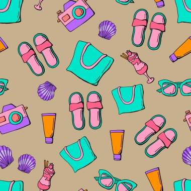 Güneş gözlüğü, kokteyl, terlik, plaj çantası, kamera, deniz kabuğu, güneş kremi. Stok çizimi. Duvar kağıdı, kumaş, tekstil, ambalaj için tasarım.