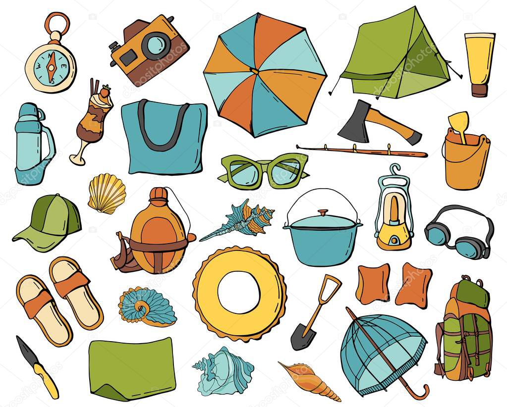 Big summer set on white isolated background. Camping elements and beach accessories. Cartoon style. Stock illustration.