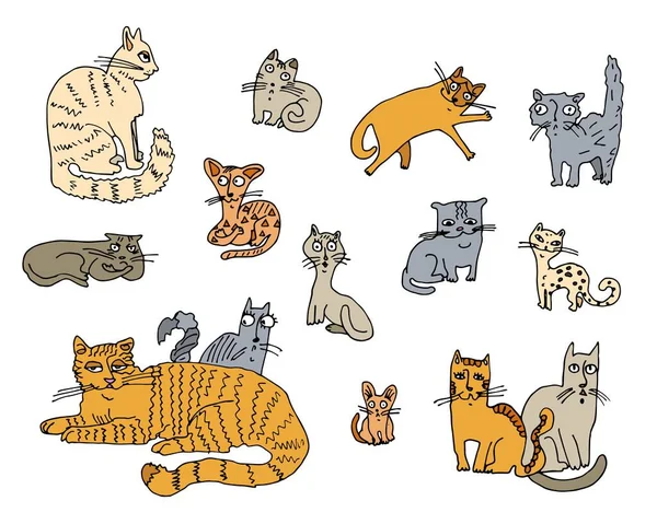 Conjunto Gatos Dibujos Animados Gatos Divertidos Con Diferentes Emociones Fondo — Vector de stock