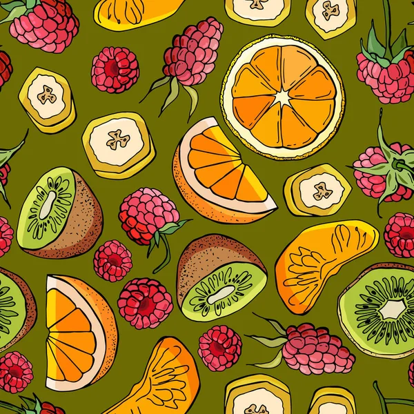 Las Frutas Las Frambuesas Naranja Kiwi Plátano Textura Sin Fin — Vector de stock