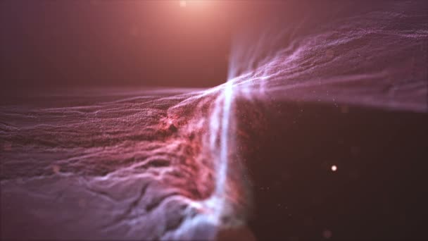 4K形場の粒子と深さ抽象銀河 星雲背景 ゆっくりと素敵な魔法の宇宙表面暗いマイクロワールドサイバーホログラフィックの焦点から 輝く光線が赤く振れる — ストック動画
