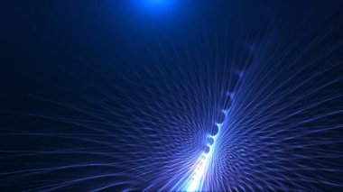 4k Form Parçacıkları ve alan derinliği soyut gökada, uzay, nebula arkaplanı. Dalgalanan ışık ışınları maviye boyandı, odak noktasından yavaşça uzaklaşarak güzel sihirli kozmos yüzeyi karanlık mikro dünya siber holografiği..