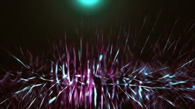 4k Form Parçacıkları ve alan derinliği soyut gökada, uzay, nebula arkaplanı. Dalgalanan ışık ışınları maviye boyandı, odak noktasından yavaşça uzaklaşarak güzel sihirli kozmos yüzeyi karanlık mikro dünya siber holografiği..
