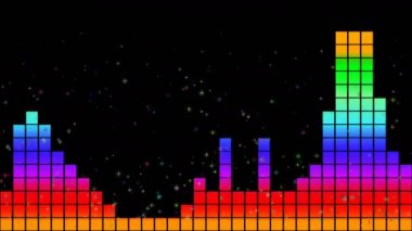 Ses Equalizer çubukları ses dalgaları tasarlar, konser, parti, gece kulübü, TV şovu, müzik festivali, dj, başlık, dvd, vj haritalama için disko grafik hareket arkaplanı oluşturur. Öndeki ekranlarda çok güzel görünüyor..