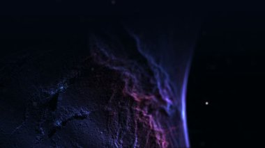4k Form Parçacıkları ve alan derinliği soyut gökada, uzay, nebula arkaplanı. Dalgalanan ışık ışınları maviye boyandı, odak noktasından yavaşça uzaklaştı. Güzel, sihirli kozmos yüzeyi karanlık mikrodünya siber holografiği..