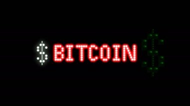 Bitcoin Metin İşareti Kusursuz Döngü animasyon ampulleri LED pikseller, yanıp sönen ışıklar reklam pankartı. Hafif Metin. Dijital Ekran. Portföyümde daha fazla TEXTS mevcut. 