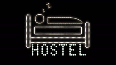 Hostel Metin İşareti Kusursuz Döngü animasyon ampulleri LED pikseller, yanıp sönen ışıklar reklam pankartı. Hafif Metin. Dijital Ekran. Portföyümde daha fazla TEXTS mevcut. 