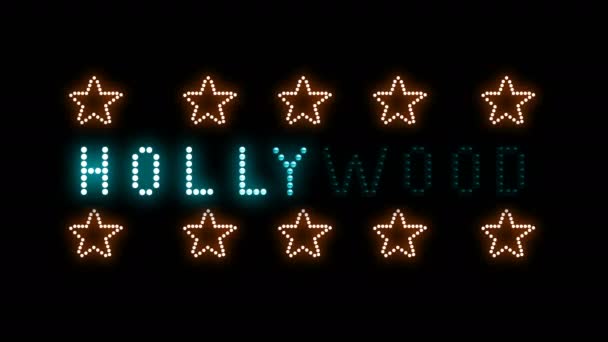 Hollywood Znak Tekstowy Bezszwowe Żarówki Animacji Pętli Led Pikseli Migające — Wideo stockowe