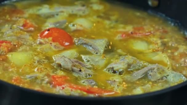 Suppe Der Pfanne Kochen Lassen Kochendes Gericht Großaufnahme Makroaufnahmen Kochprozess — Stockvideo