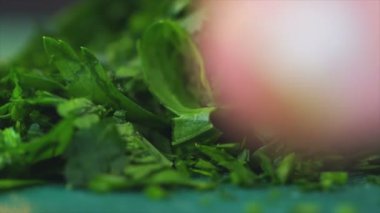 Doğranmış sebzeler. Şef Kesici Dill. Şef Yeşilleri Yavaş Çekimde Kesiyor. Yakın çekim yemek. Yemek pişirme süreci. Şef Aşçılık Tabağı. Şef yemek hazırlıyor. (Kızıl Ejder Kamerası, Sinema Kaliteli Makro Görüntüler).