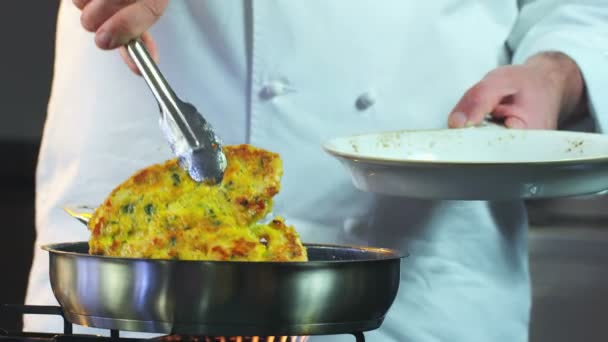 Chef Poner Plato Terminado Schnitzel Pollo Placa Comida Cerca Proceso — Vídeo de stock