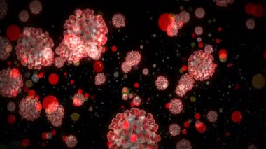 Coronavirus Covid-19 virüsü 2019-ncov pnömoni kanında. Tıbbi Virüs gerçekçi bir model. Kusursuz döngülü Coronavirus animasyonu. Mikroorganizmalar, Patojen bakterileri. Parçacıklar.