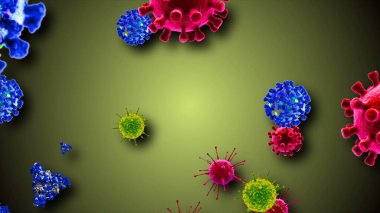Coronavirus, covid-19 hücreleri, bakteriler, renkli arka planda yüzen bakteriler. Virüs mikro hücre modelleri. Emoji, charachters, ncov gülümseme, covid-19 mikroorganizma bakteri hücreleri mikroskop altında görüş altında.