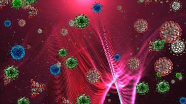 Coronavirus, covid-19 hücreleri, bakteriler, renkli arka planda yüzen bakteriler. Virüs mikro hücre modelleri.